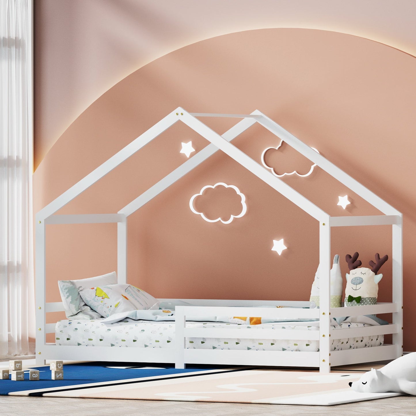 White wooden single house bed frame for kids bedroom decor and sleepovers.