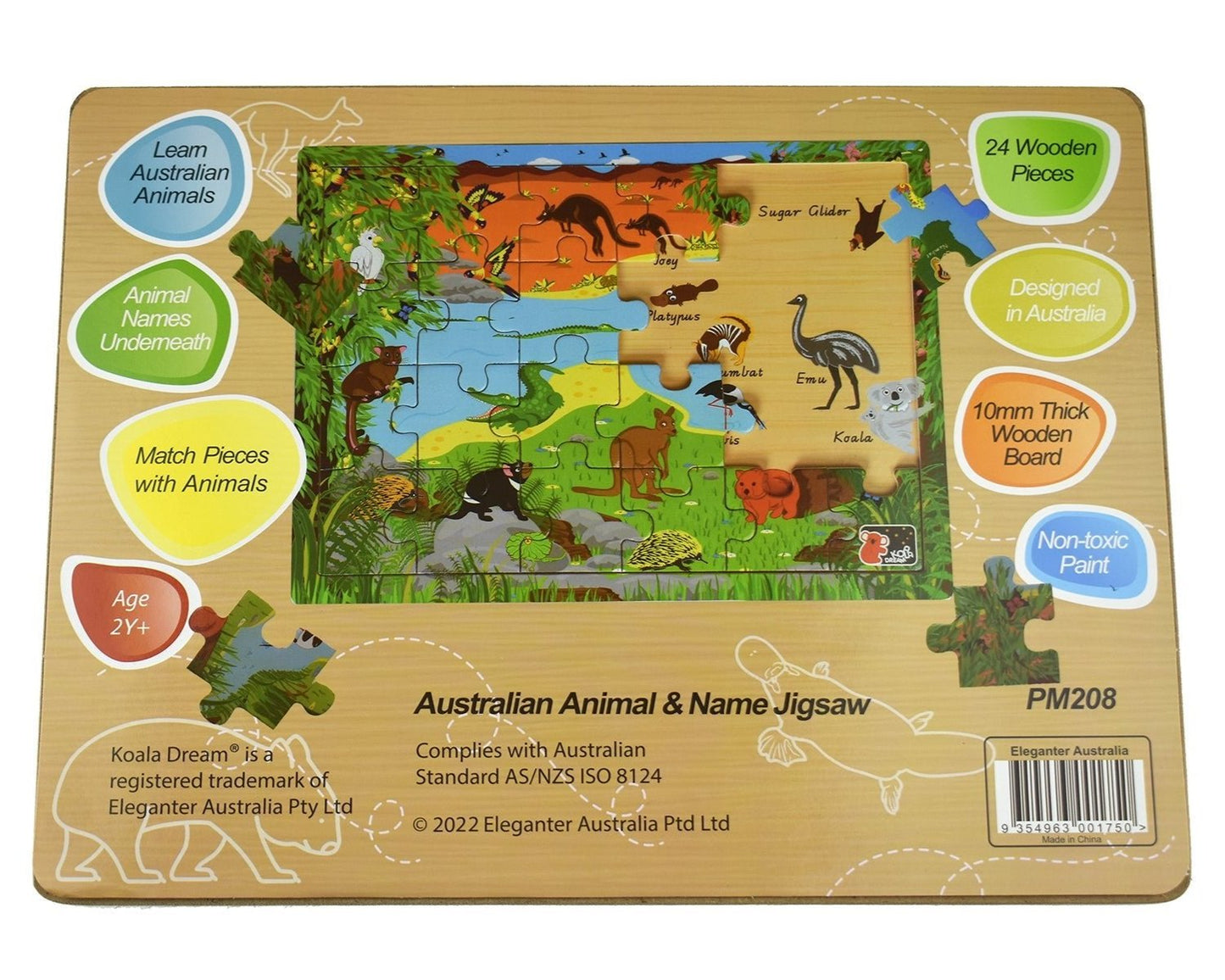 Colorful Australian animal jigsaw puzzle for toddlers, ages 12+ months by Koala Dream.