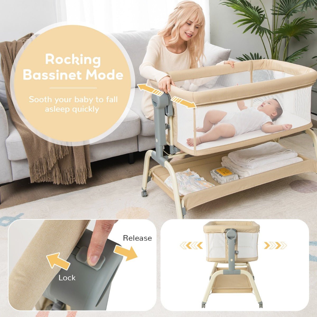 Portable 3-in-1 baby bassinet with adjustable height and tilt for versatile home use. Portable 3-in-1 baby bassinet with adjustable height and tilt for versatile home use.