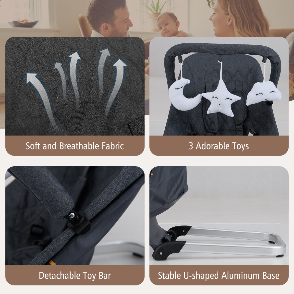Foldable Dark Grey Baby Rocker | Ergonomic Bouncer with Toy Bar