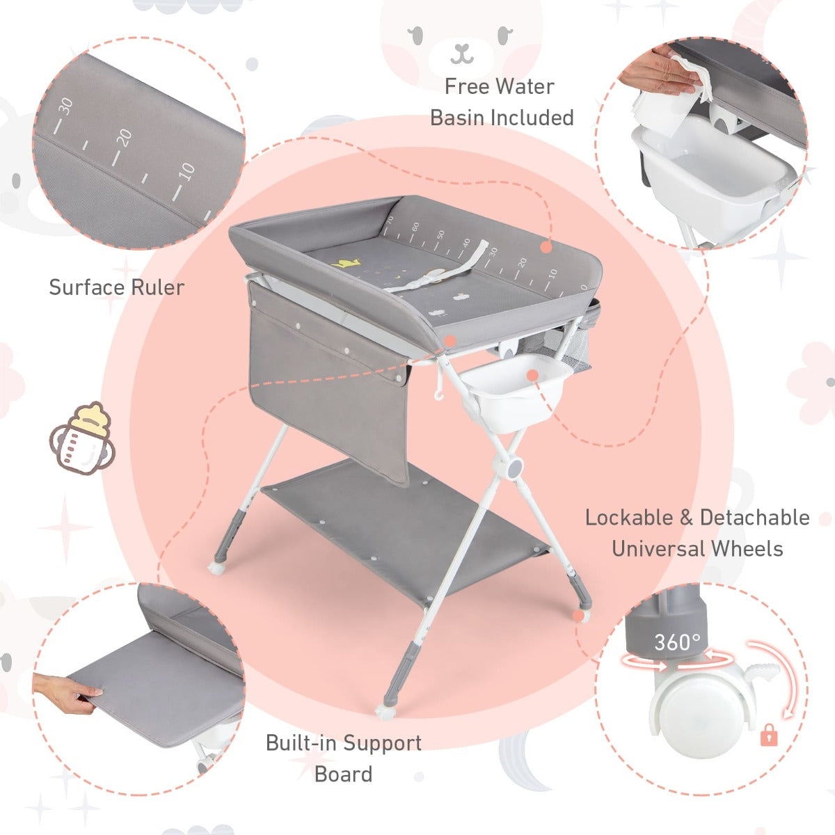 Folding Baby Changing Table with Storage | Grey Adjustable Height