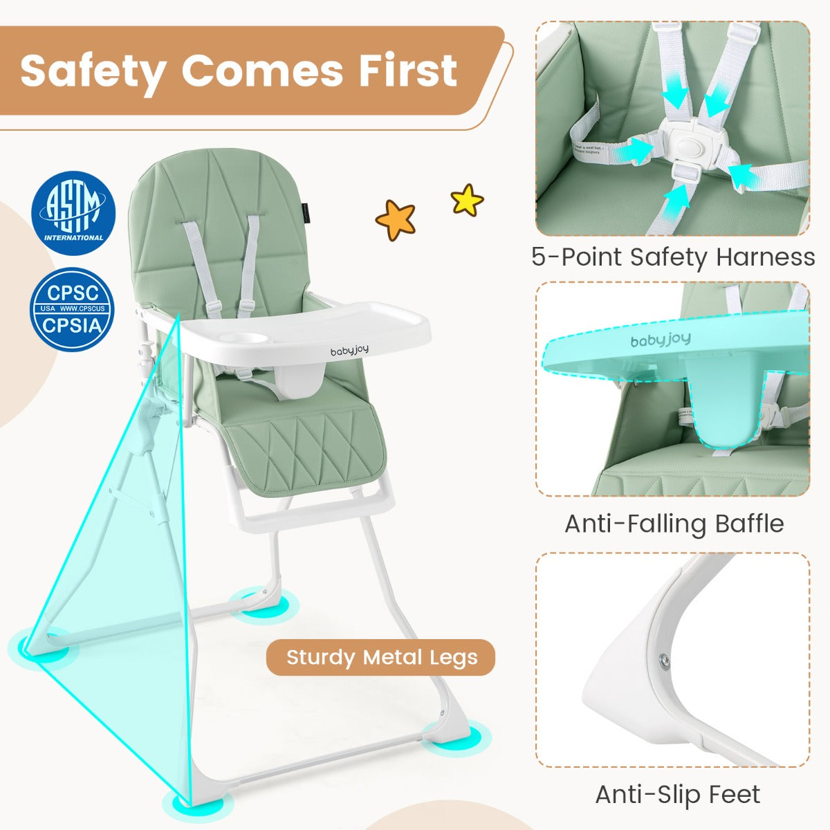 Baby Foldable High Chair | Green PU Cushion & Adjustable Tray