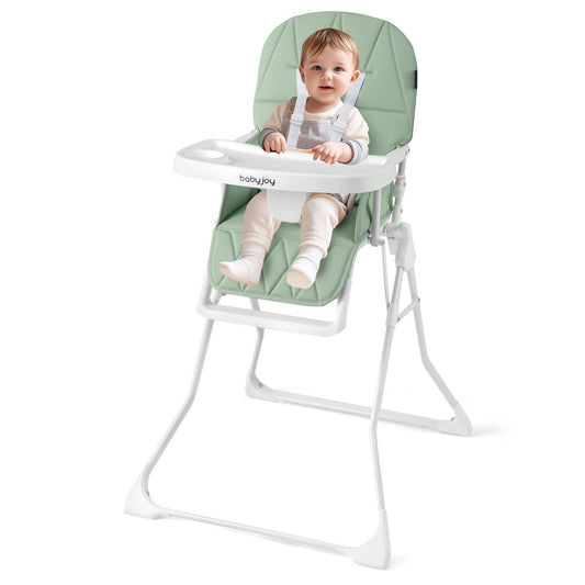 Baby Foldable High Chair | Green PU Cushion & Adjustable Tray