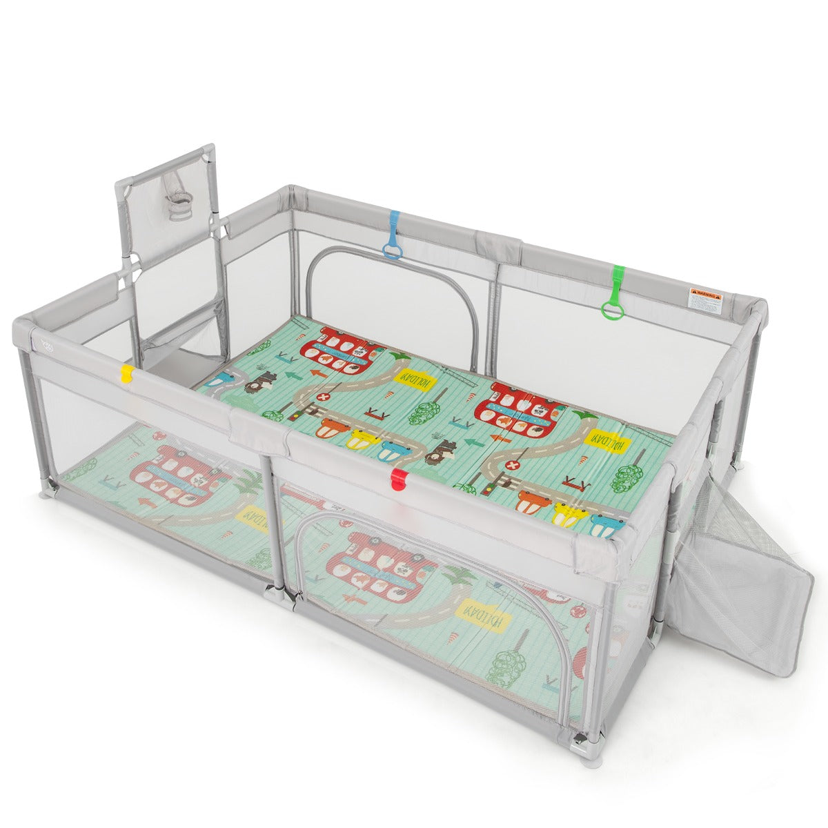 Spacious light grey playpen features basketball hoop and soccer gates for active indoor play and learning Spacious light grey playpen features basketball hoop and soccer gates for active indoor play and learning