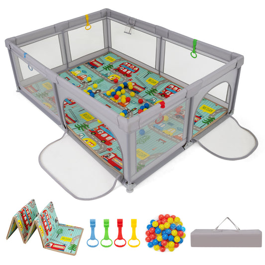Grey Baby Playpen | Extra Large with Foldable XPE Mat & Mesh