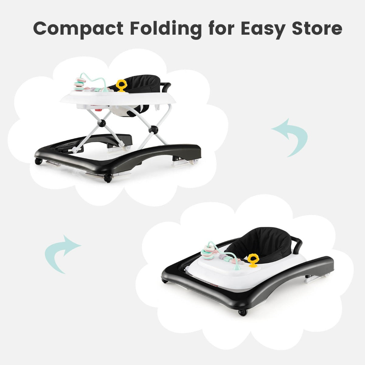 Foldable 3-in-1 baby walker with activity center, push handle for boys and girls. Foldable 3-in-1 baby walker with activity center, push handle for boys and girls.