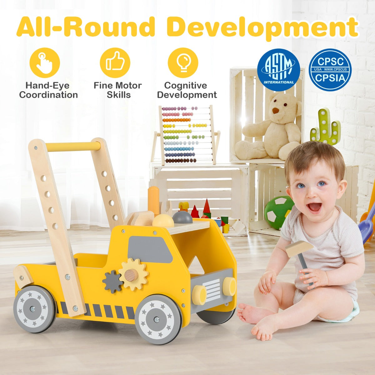 Wooden Baby Walker | Adjustable Speed Yellow Truck Toy