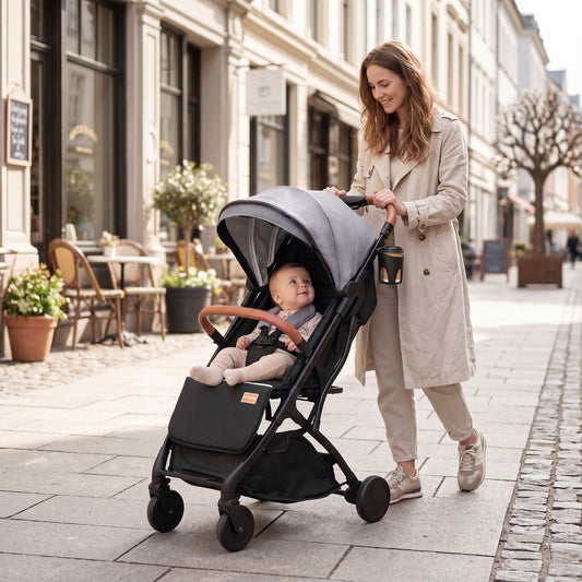Grey Baby Stroller | Lightweight One-Hand Fold with Footmuff