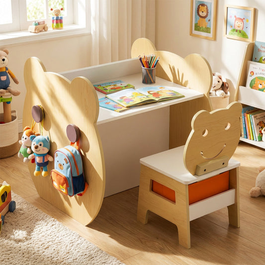 Bear Kids Art Table & Chair Set | 3-in-1 Natural White Desk