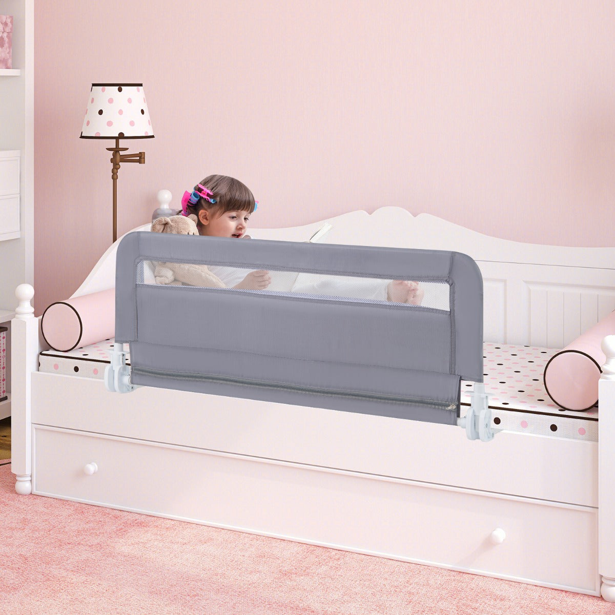 Grey foldable bed safety rail guard for toddlers, ensuring secure sleep, practical home accessory. Grey foldable bed safety rail guard for toddlers, ensuring secure sleep, practical home accessory.