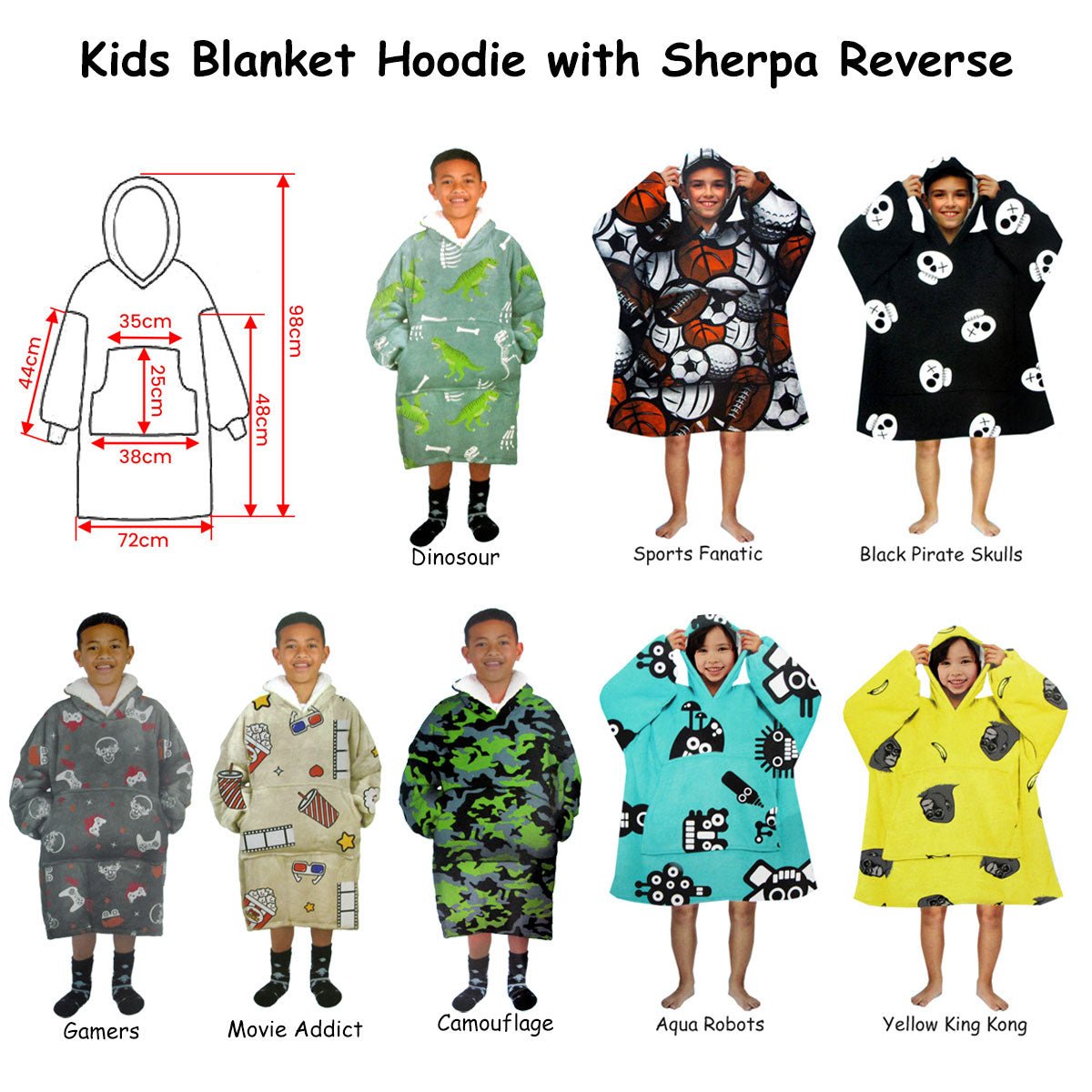 Kids cozy sherpa blanket hoodie featuring black pirate skulls design for ultimate comfort at home.
