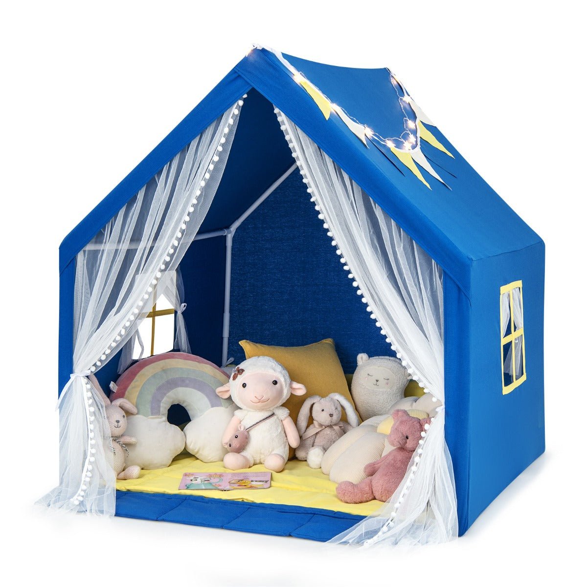 Blue Kids Play Tent with Cotton Mat and Star Lights - Kids Mega Mart