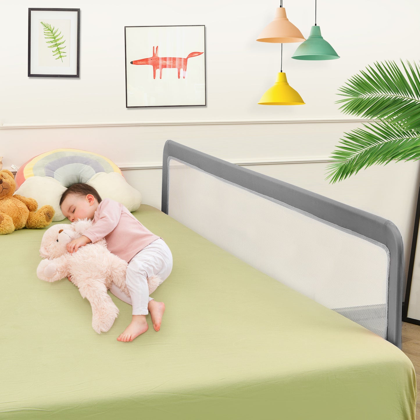 Foldable mesh toddler bed rail in grey with safety straps for secure sleep. 180cm length.