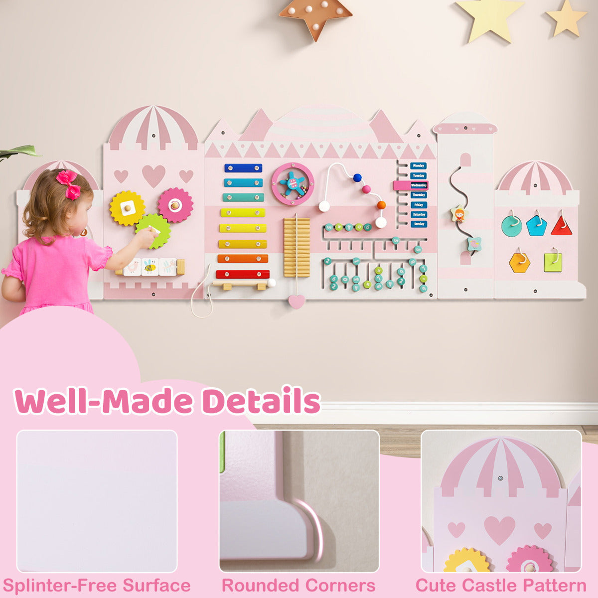 Pink Castle Wooden Busy Board | 11 In 1 Montessori Wall Panels