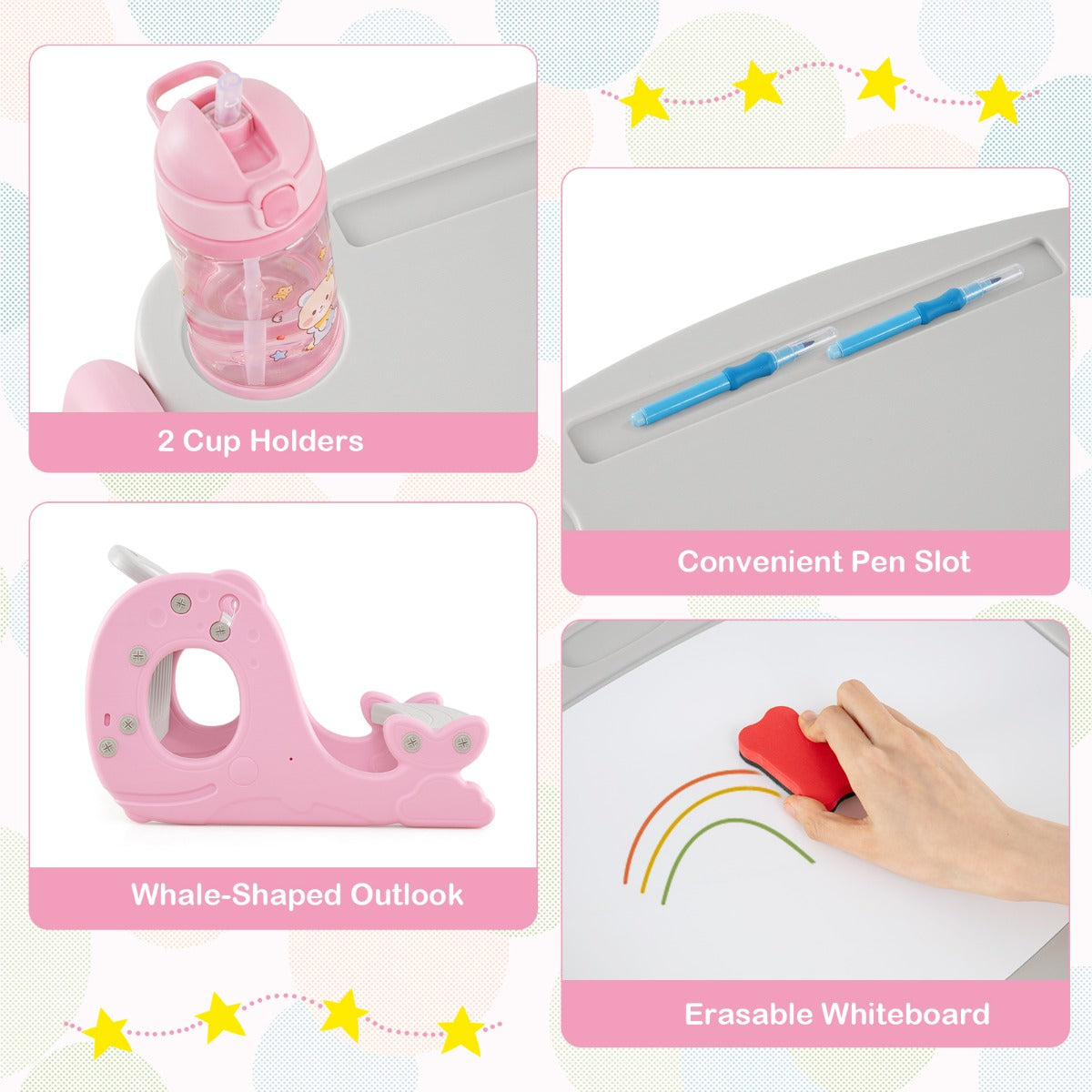 Pink Kids Activity Table With Bench & Easel | 4-in-1 Design