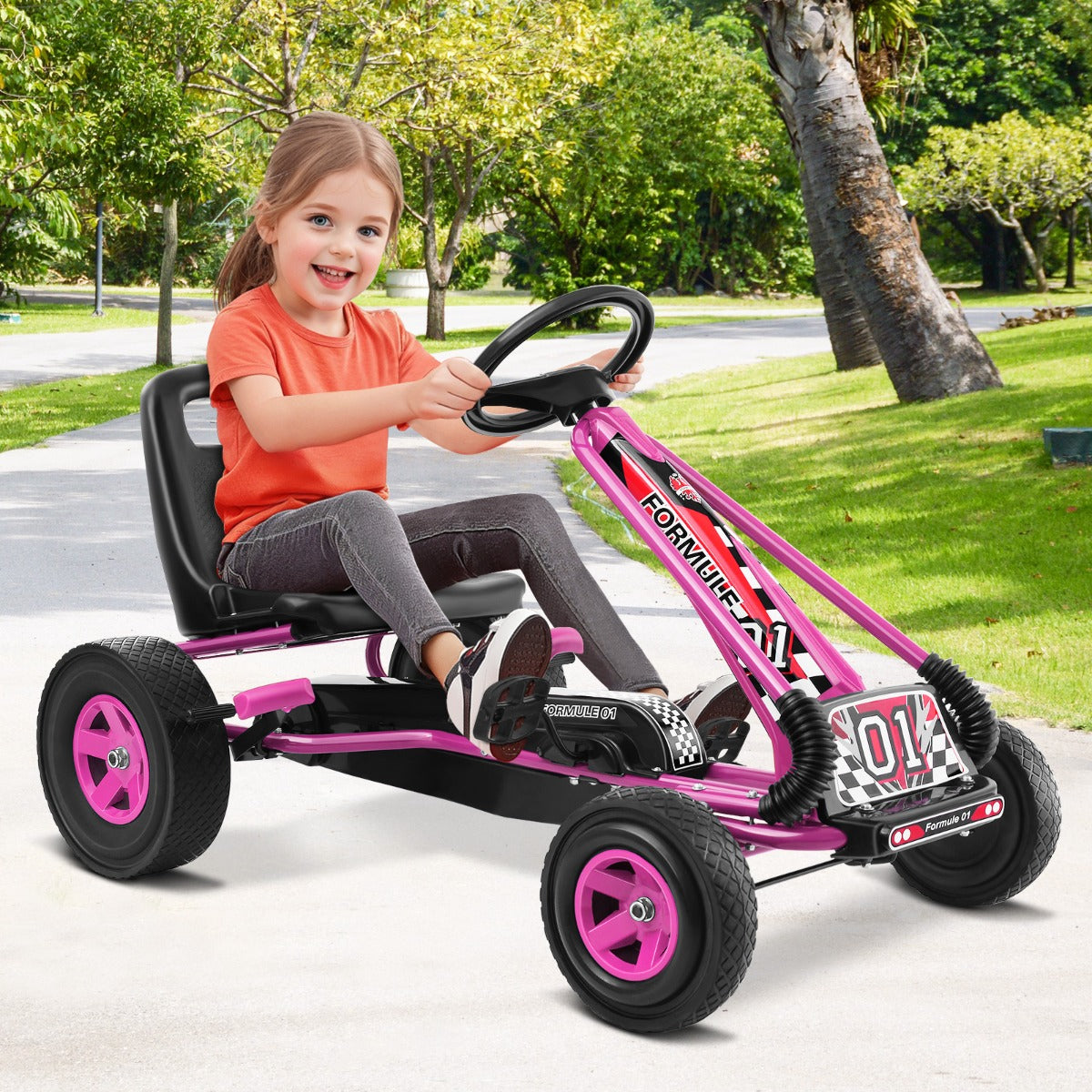 Adjustable seat kids pedal go kart in pink for ages 3-8, perfect playtime fun. Adjustable seat kids pedal go kart in pink for ages 3-8, perfect playtime fun.