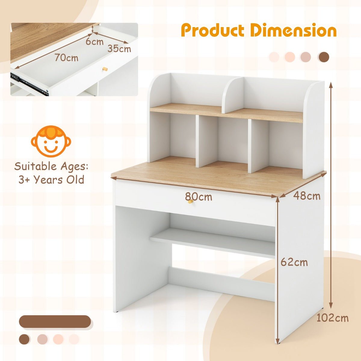 Child's White Wooden Study Desk with Hutch and Drawer - Kids Mega Mart