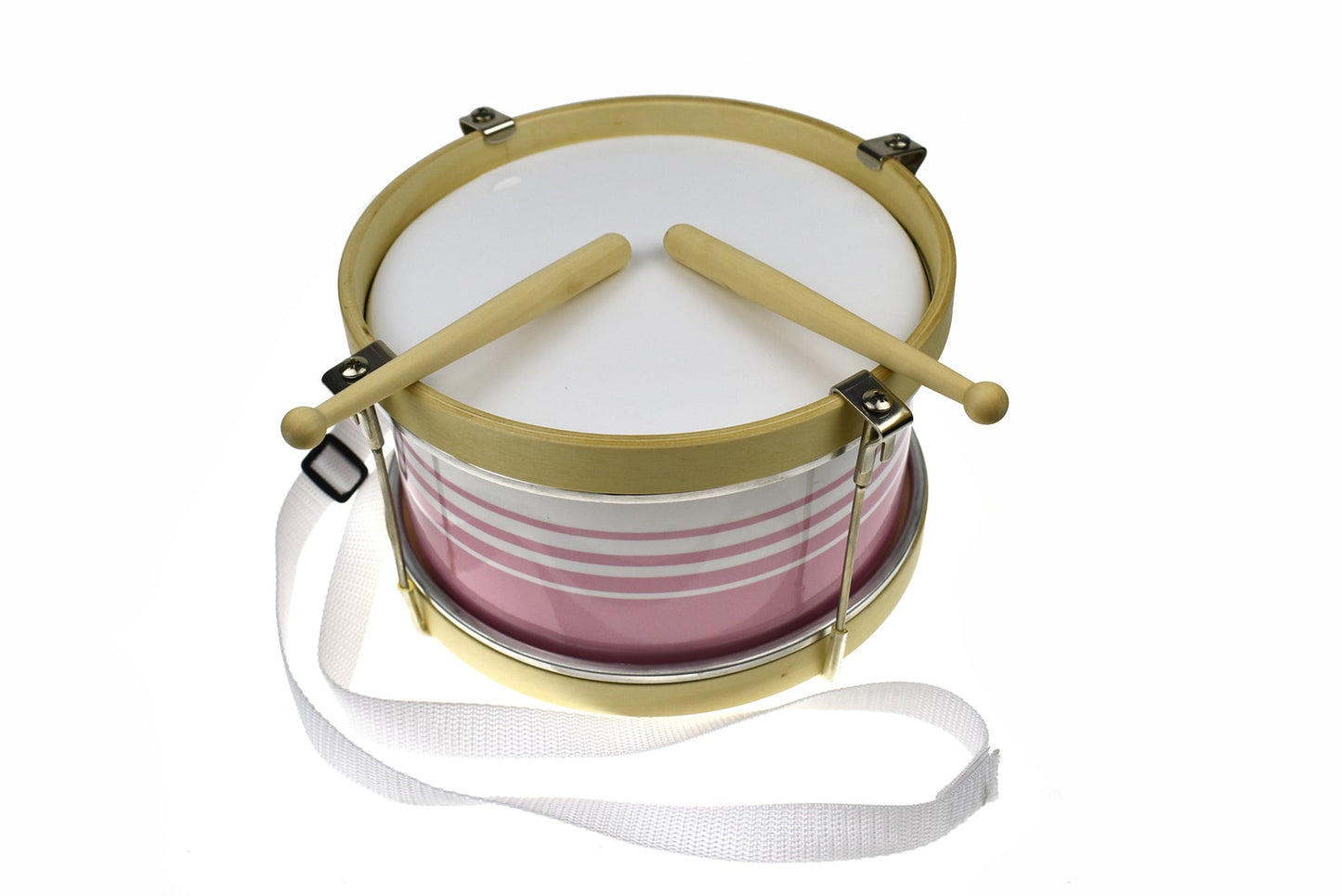 Kids pink drum toy with marching design, perfect for encouraging musical play at home.