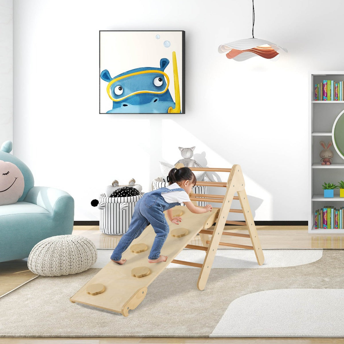 3-in-1 wooden climbing triangle set with ramp for versatile indoor play equipment. 3-in-1 wooden climbing triangle set with ramp for versatile indoor play equipment.