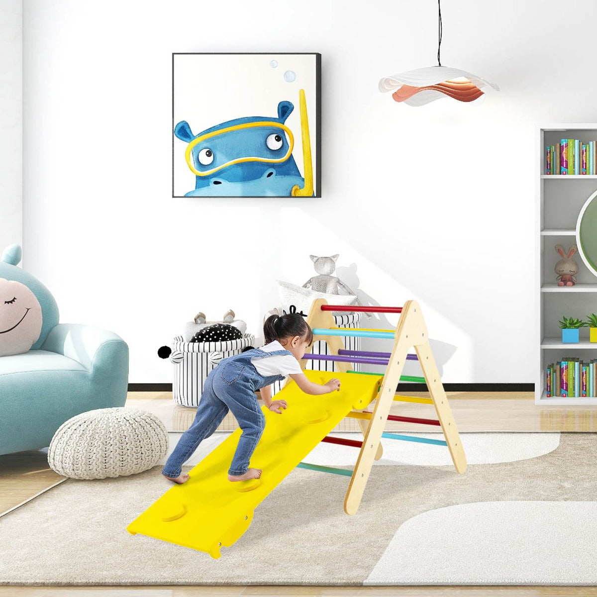 Wooden Climbing Triangle Set with Ramp for indoor play, perfect for toddlers active play. Wooden Climbing Triangle Set with Ramp for indoor play, perfect for toddlers active play.