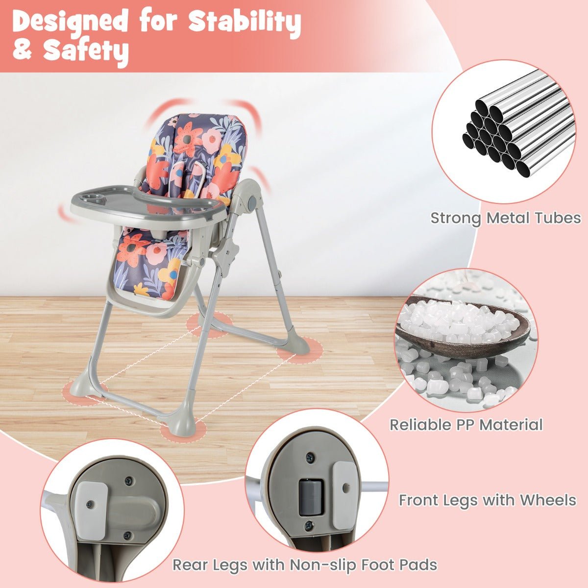 Convertible High Chair with Multi Colour Flower Pattern - Kids Mega Mart