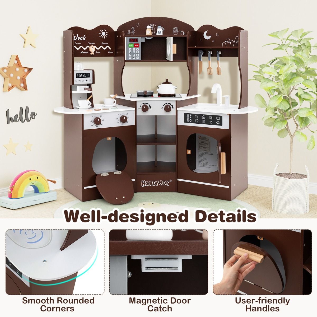 Corner Wooden Play Kitchen | Coffee Maker & Lights | Brown Corner Wooden Play Kitchen | Coffee Maker & Lights | Brown