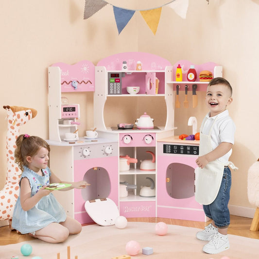 Corner Wooden Play Kitchen Pink | Interactive Cooking Fun