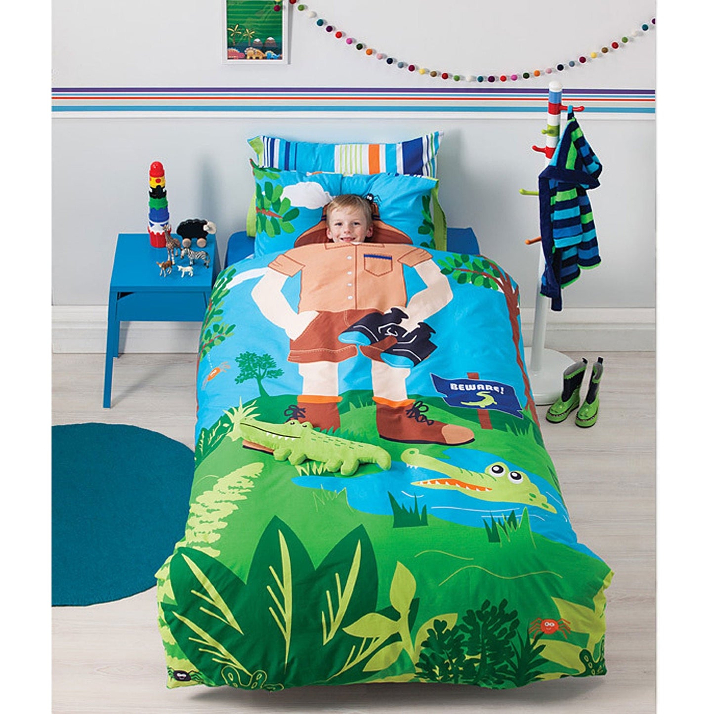 Single-size Cubby House Reversible Croc Hunter Quilt Cover Set for playful kids bedrooms.
