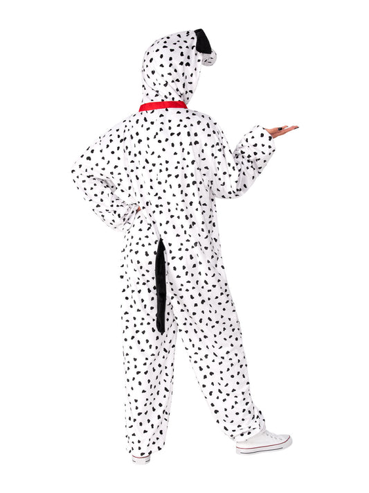 Dalmatian kids jumpsuit costume with plush hood for fun and cozy home dress-up.