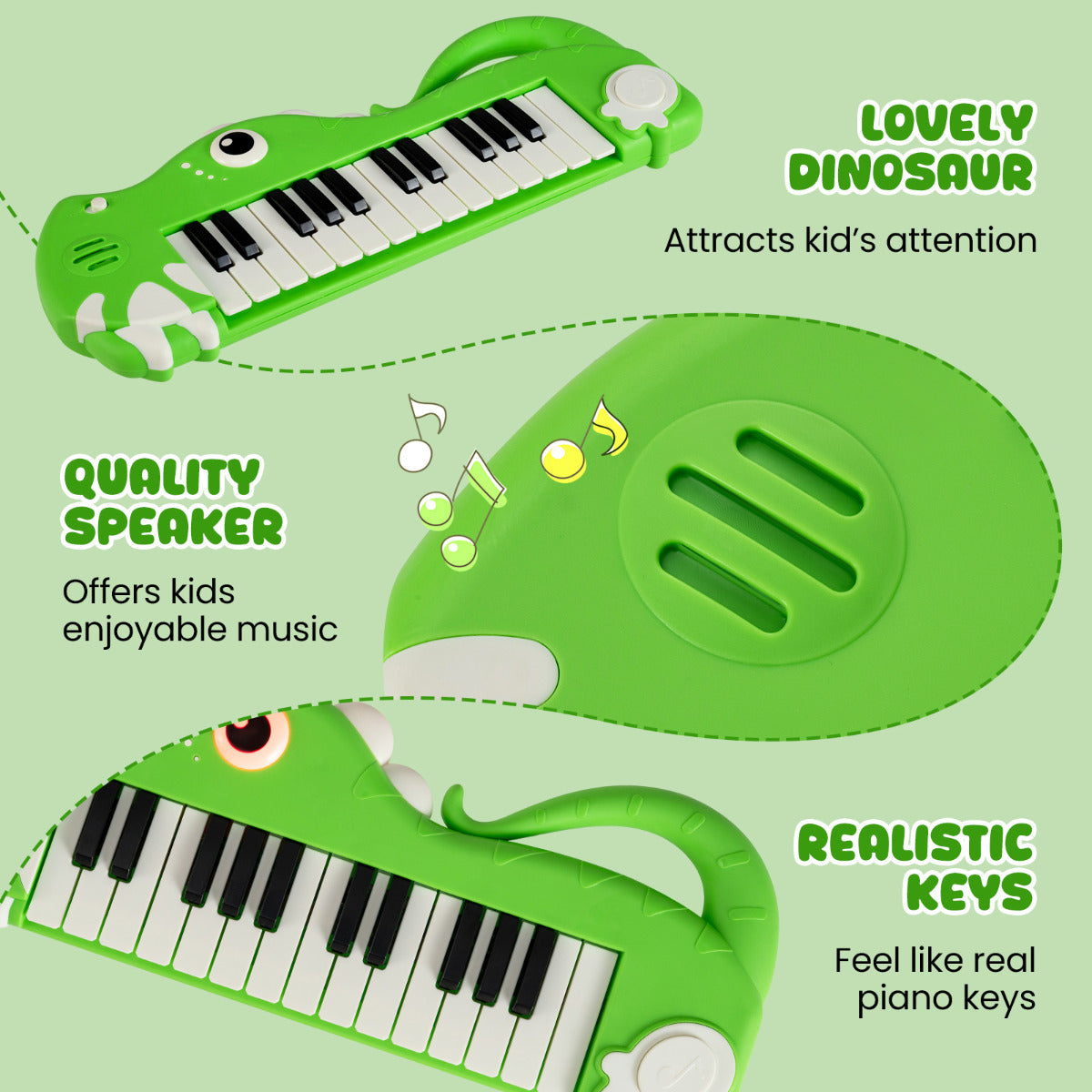 Dinosaur Shape Digital Piano | 25 Keys Built In Music Light Green