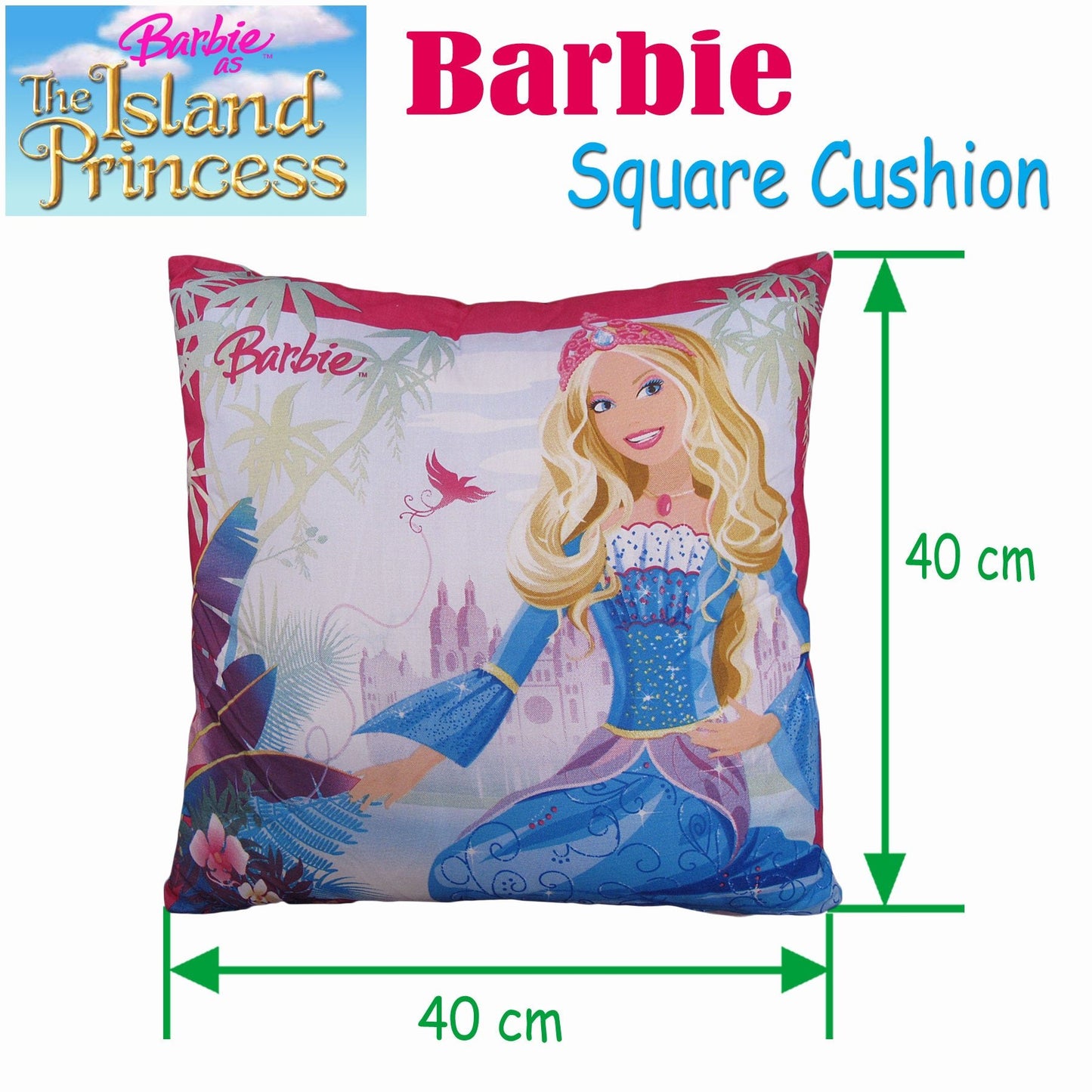 Disney Barbie Island Princess Square Cushion for Kids Bedrooms, perfect for colorful princess-themed decor.