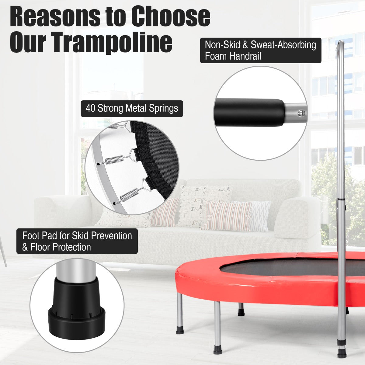 Oval double trampoline with adjustable handrail, ideal for kids and adults, 150kg capacity.