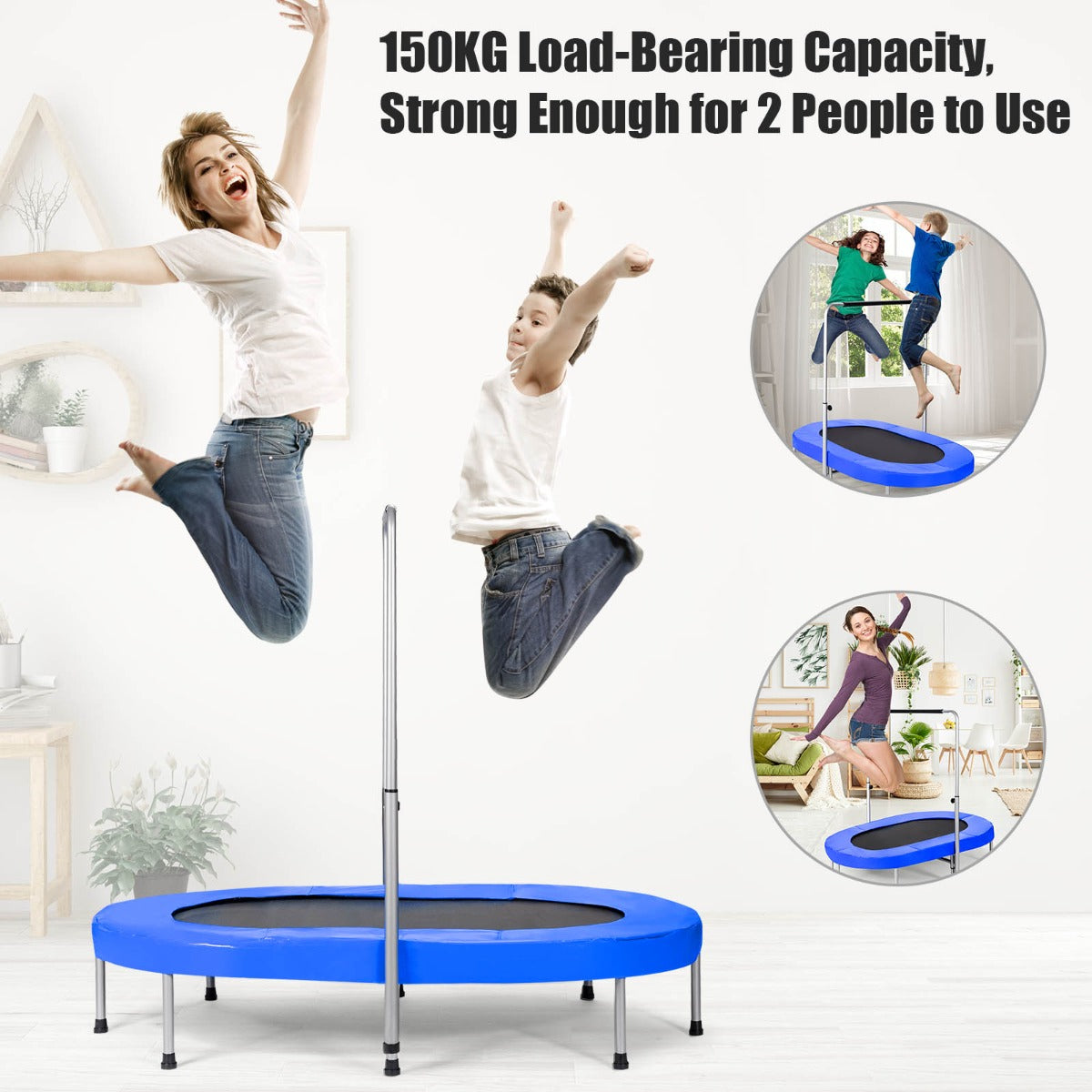 Oval dual-person trampoline with adjustable handle for kids and adults - perfect for home fun.