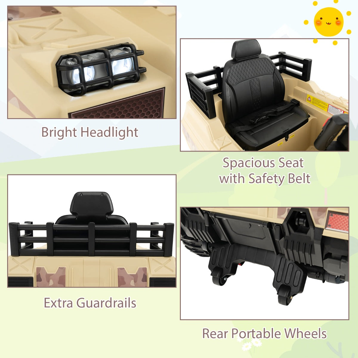 12V battery-powered kids ride on tank with remote control for imaginative play at home.