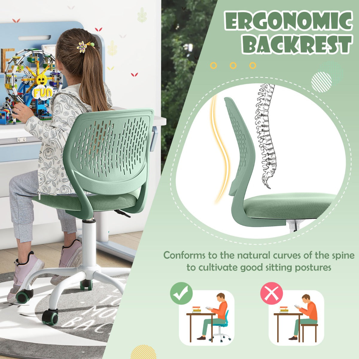Ergonomic Children Study Chair | Adjustable Height Mesh Green