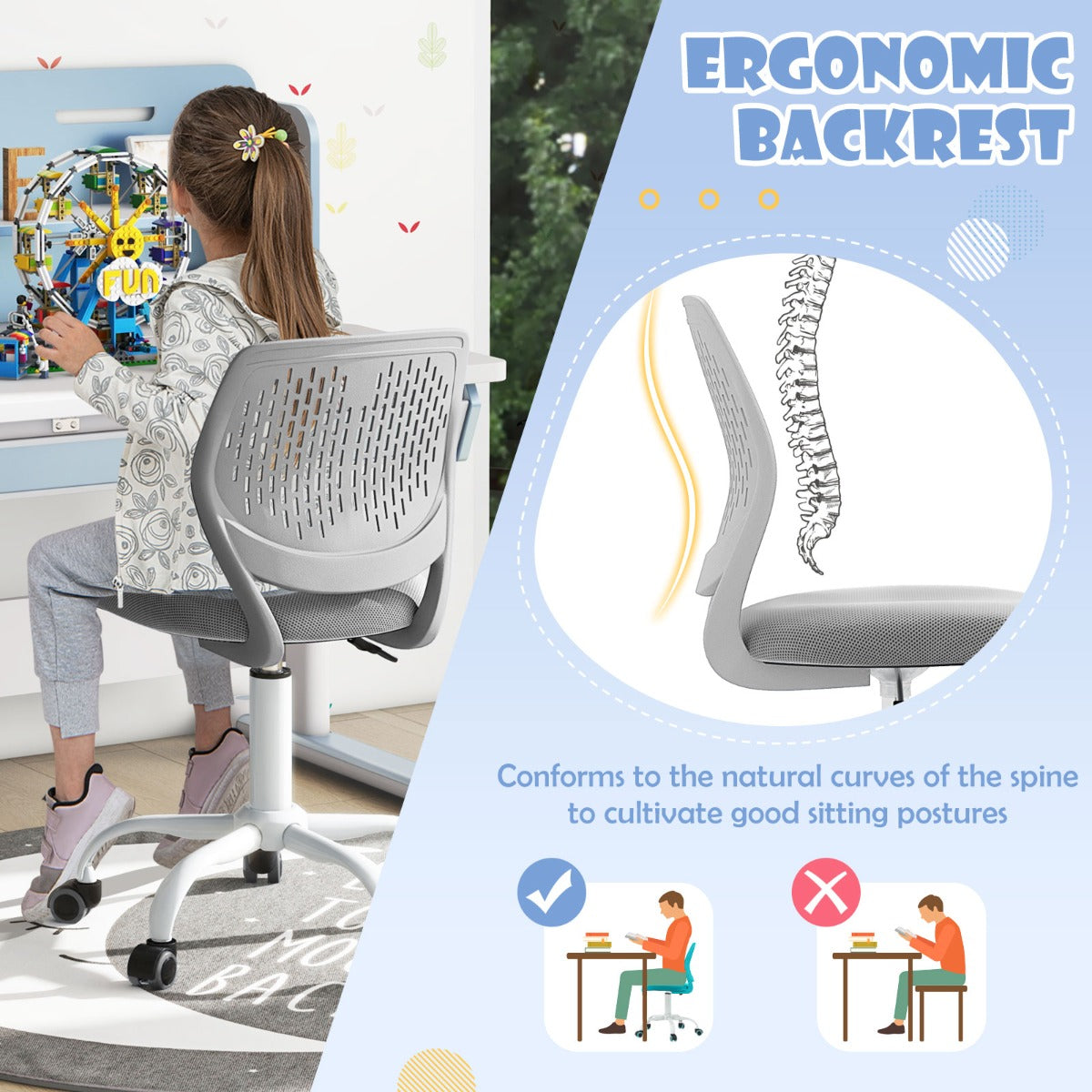 Ergonomic Kids Chair | Adjustable Grey Mesh Seat for Comfort