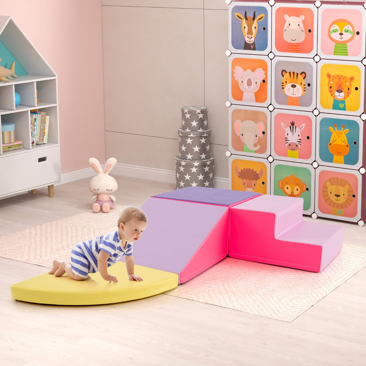 Colorful 4-piece toddler climbing blocks set made of soft foam for safe indoor play. Colorful 4-piece toddler climbing blocks set made of soft foam for safe indoor play.