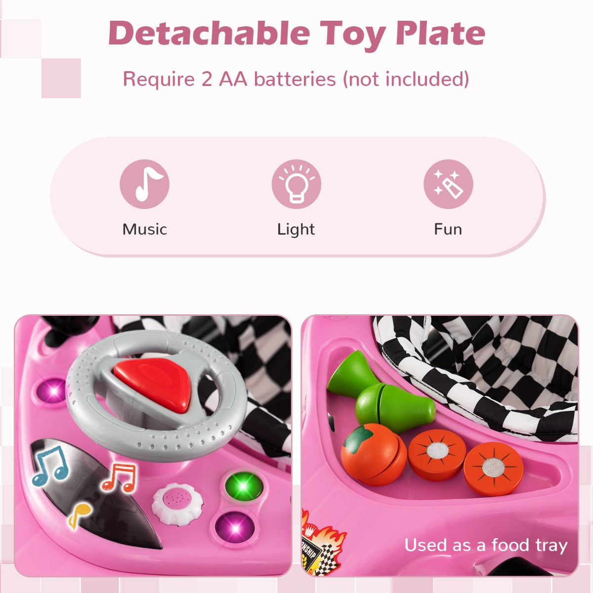 Interactive racing-themed pink baby walker for ages 7-14 months, with adjustable features. Interactive racing-themed pink baby walker for ages 7-14 months, with adjustable features.