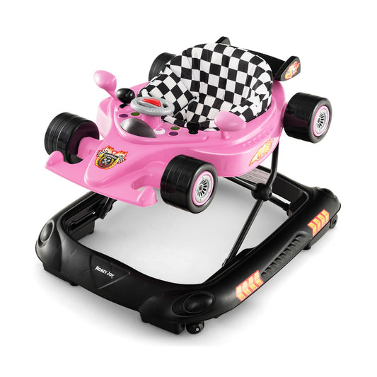Interactive pink baby walker with adjustable design for 7-14 months, ideal for early mobility.
