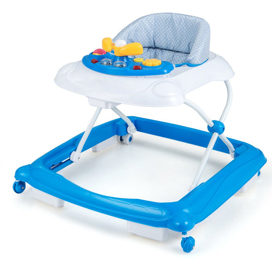 Foldable Baby Walker with Music Tray, Lights - Adjustable, Padded Seat - 3 Heights for Toddlers