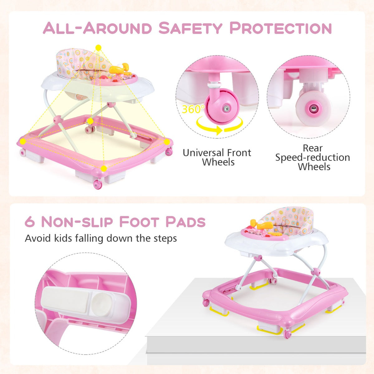 Pink foldable baby walker with adjustable heights, music tray, and lights for interactive play. Pink foldable baby walker with adjustable heights, music tray, and lights for interactive play.