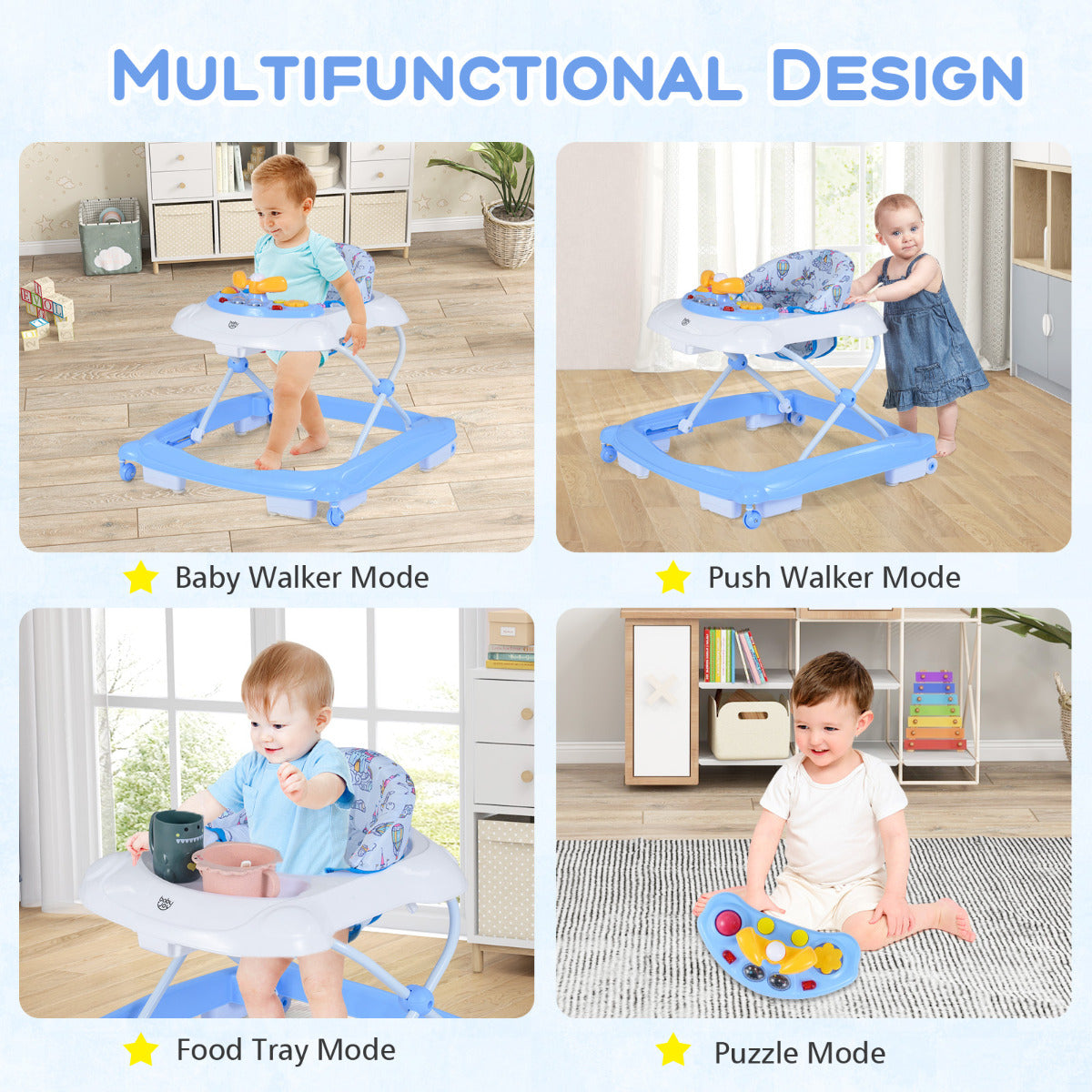 Adjustable Height Baby Walker Music Tray Lights Light Blue