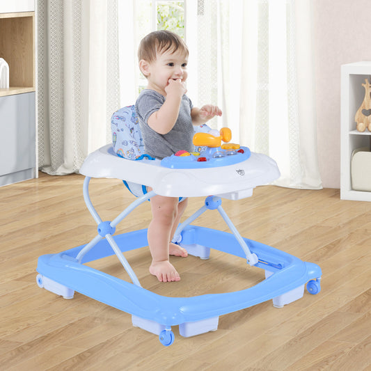 Adjustable Height Baby Walker Music Tray Lights Light Blue