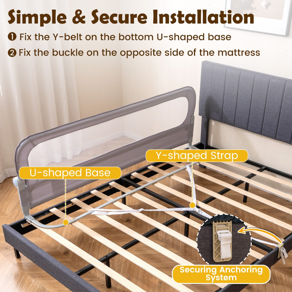 Foldable Bed Rail | Oxford Fabric Cover | U-Shaped Base Grey M