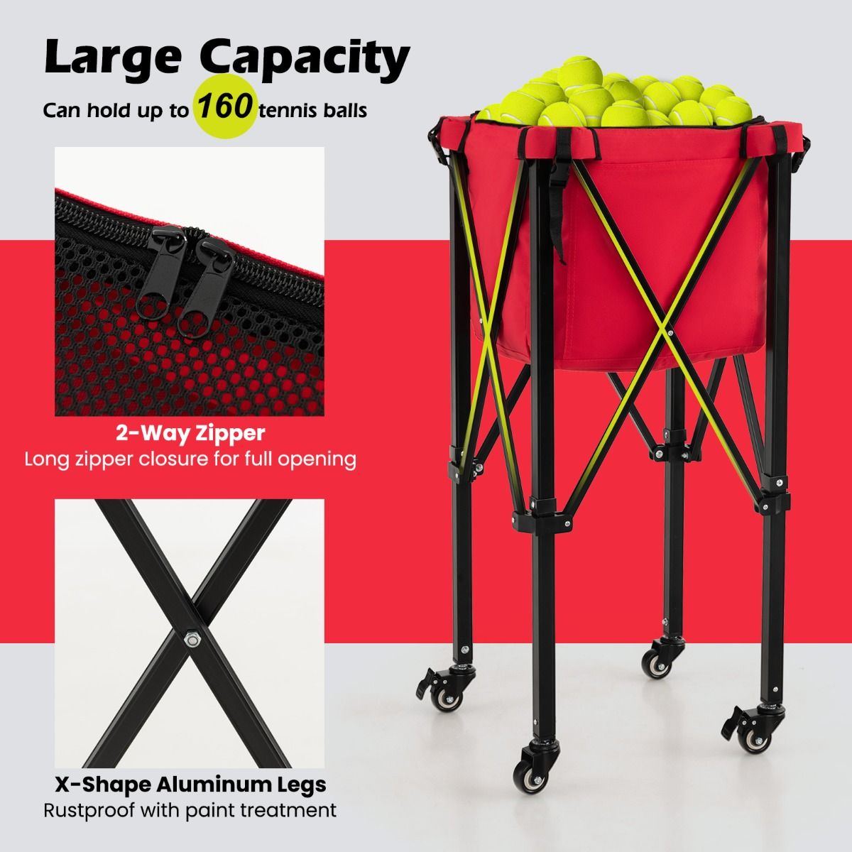Tennis Ball Cart | Red Foldable 150-Ball Wheeled Holder Tennis Ball Cart | Red Foldable 150-Ball Wheeled Holder
