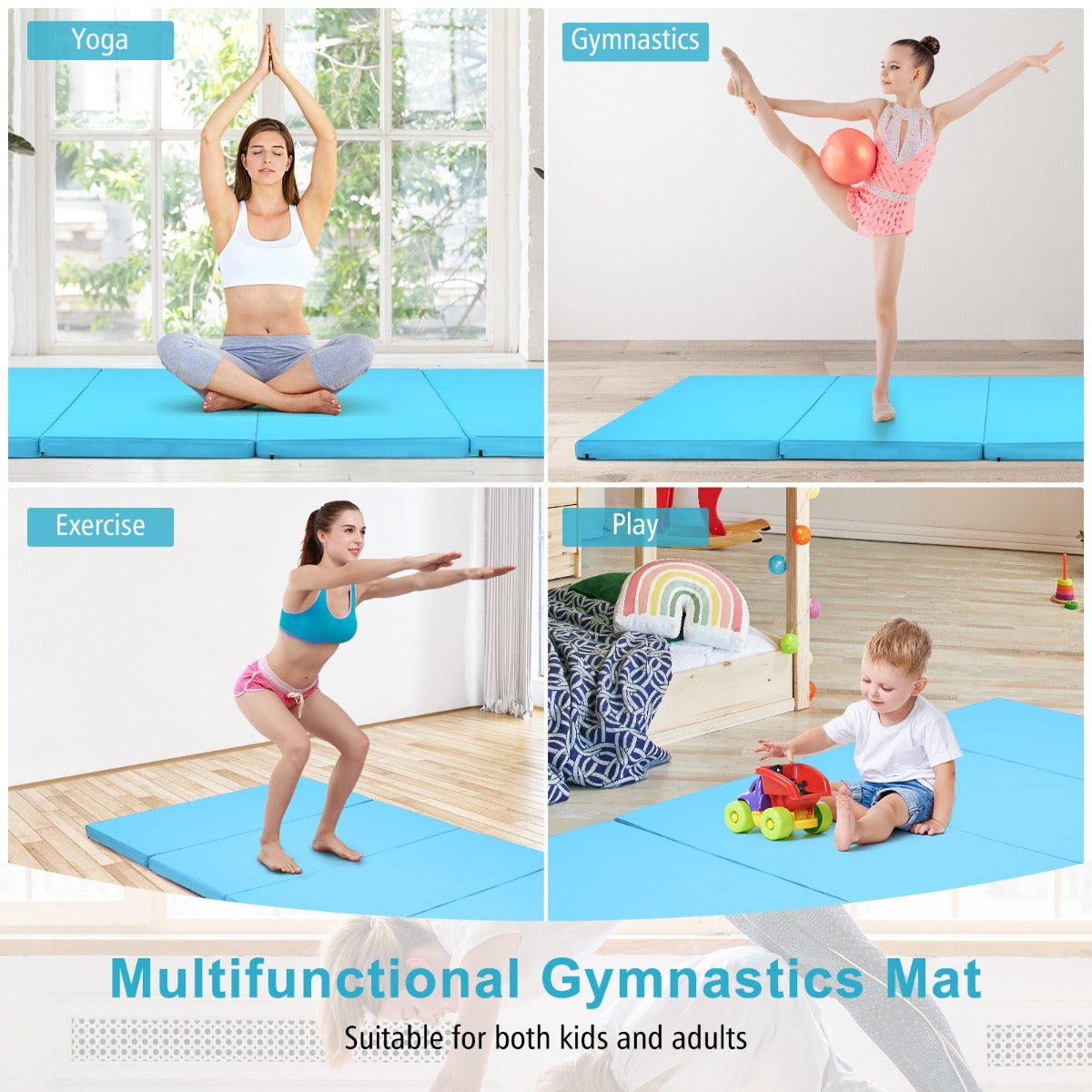 Folding Gymnastics Mat | Portable Blue EPE Foam for Home Gym
