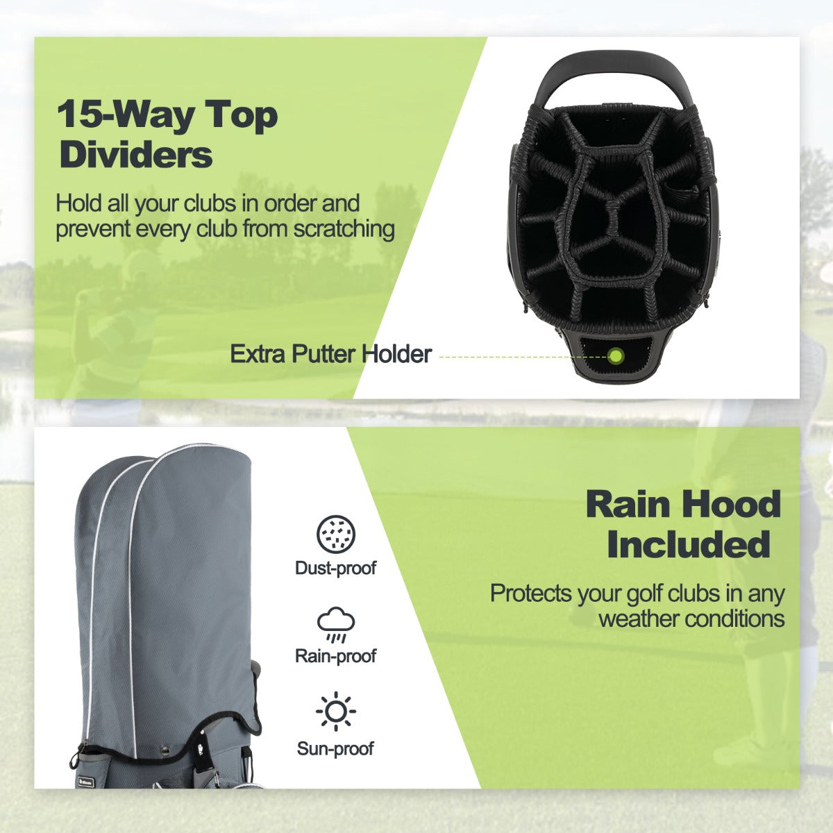 Green Golf Cart Bag | 15-Way Dividers & 7 Zippered Pockets