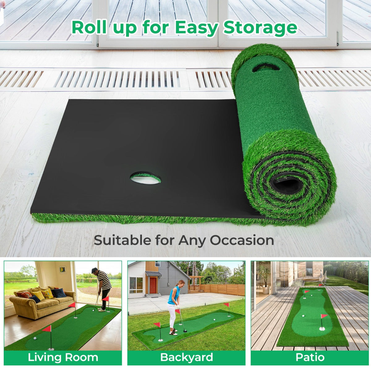 Golf Putting Green | 300cm Indoor Outdoor Mat with 3 Holes Golf Putting Green | 300cm Indoor Outdoor Mat with 3 Holes