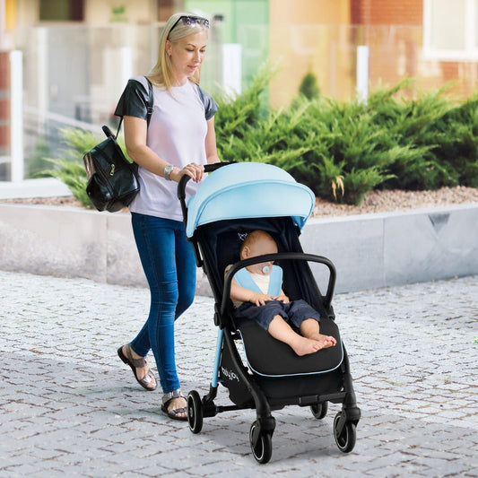 Blue lightweight folding baby stroller, gravity design, portable for easy use at home.
