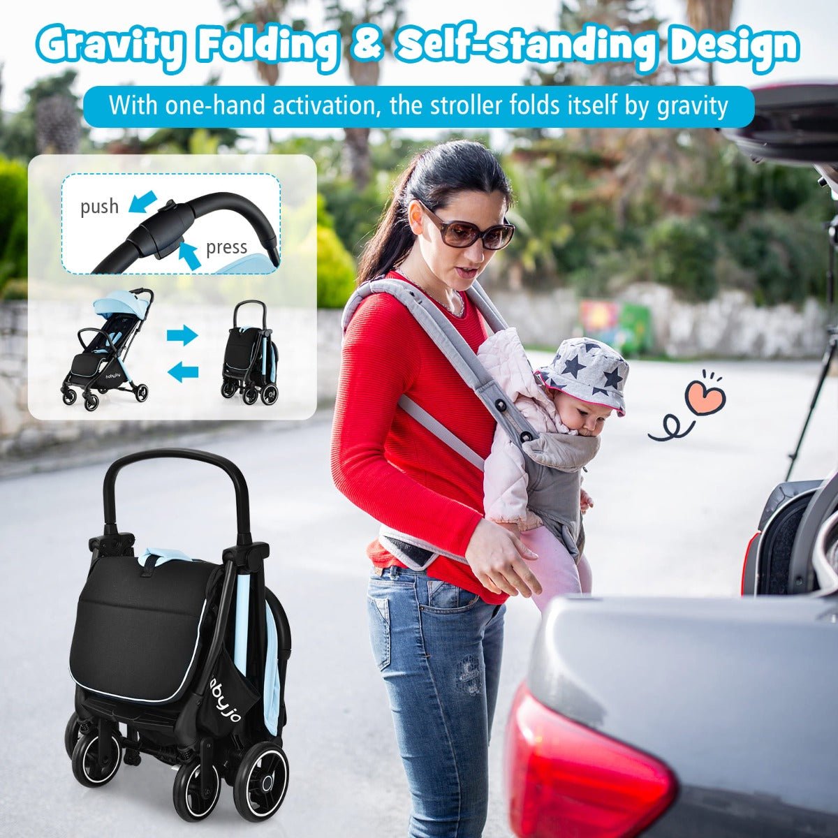 Gravity Folding Baby Stroller in Blue - Kids Mega Mart